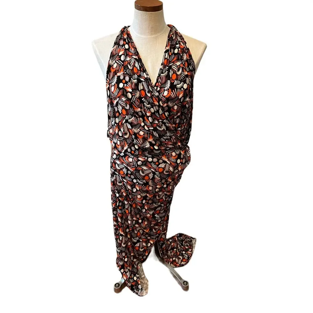 Free People Daria Halter Style Knit Maxi Dress Orange Print M